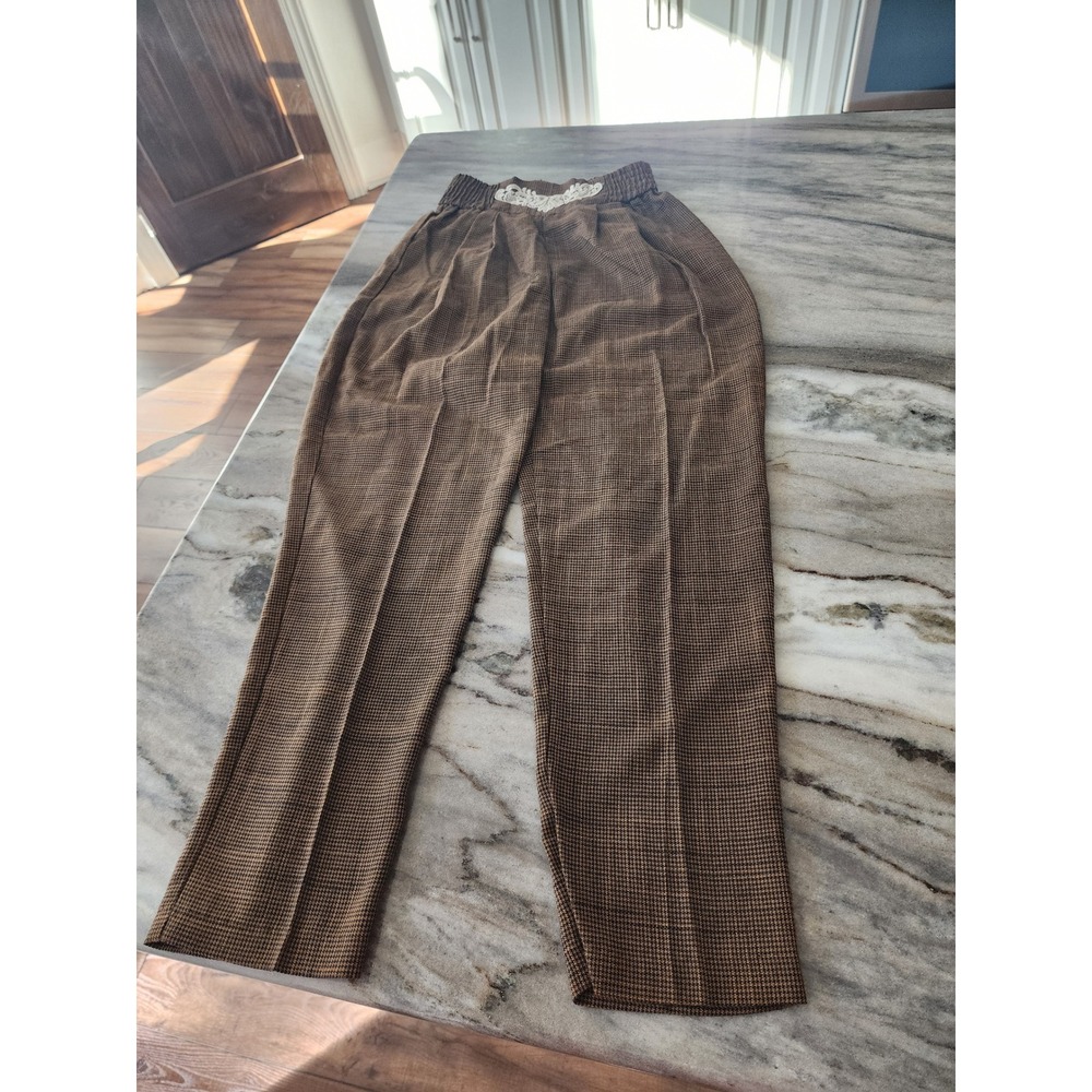 Vintage 80s Robyne‎ & Diane Plaid Houndstooth Trousers Small Brown Lace Detail